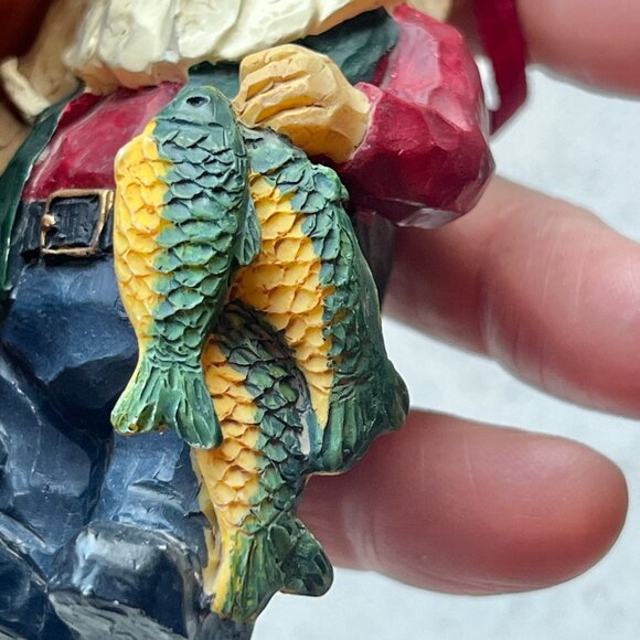 Hand-Carved Santa Fisherman Christmas Ornament With Fishing Pole & Fish - Picture 7 of 7